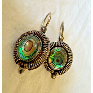 Abalone Inlays Sterling Silver Round French Wire Earrings Ocean Inspired